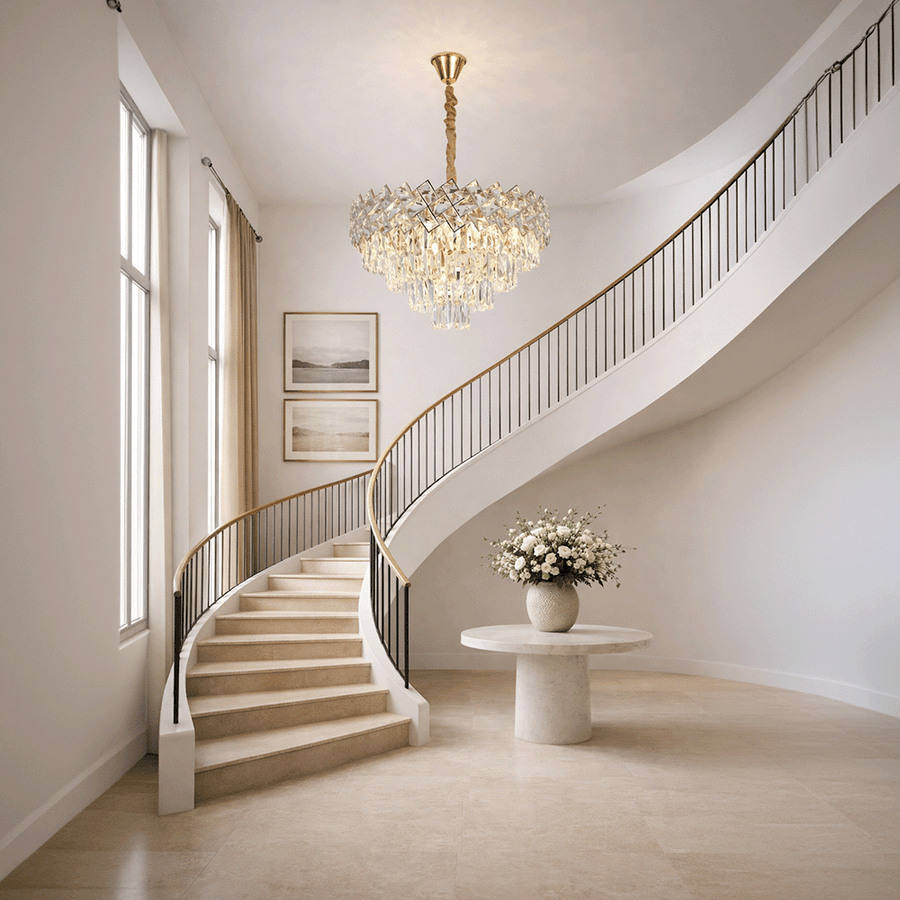 Candelabru Cristal WINDSOR Eleganza 8x E14, Diametru 39cm, Auriu Lucios, Inaltime Reglabila, Metal si Cristal