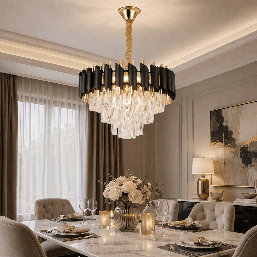 Candelabru Cristal VERSAILLES Nobile 5xE14, Diametru 40cm, Auriu Lucios si Negru