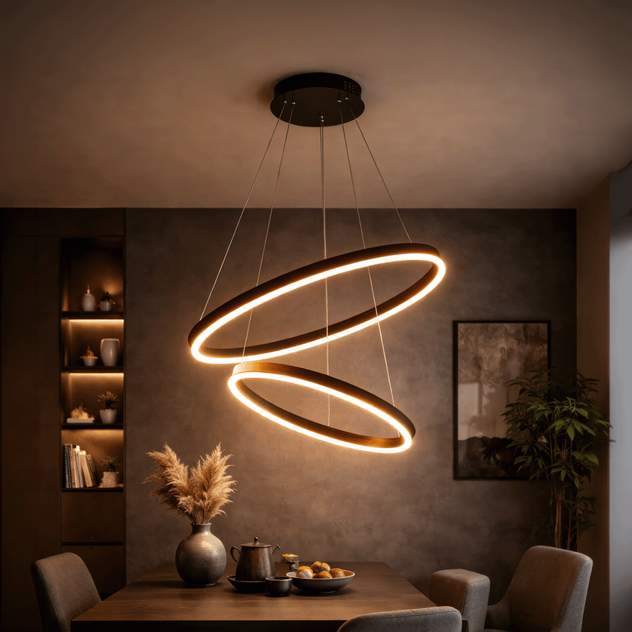 Lustra LED suspendata cu Telecomanda CASIANA 40W, 2 Cercuri, Lumina Rece/Calda/Neutra 3000K/4000K/6000K, Dimabila, Negru, Inaltime Reglabila, Metal si Acril