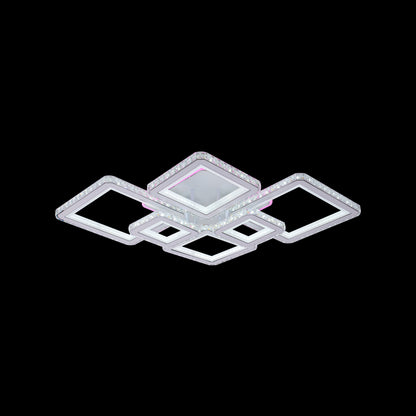 Lustra LED cu telecomanda si cristal QUADRIS RGB 175W, 6 Patrate, Lumina Rece/Calda/Neutra, Dimabila, Alb