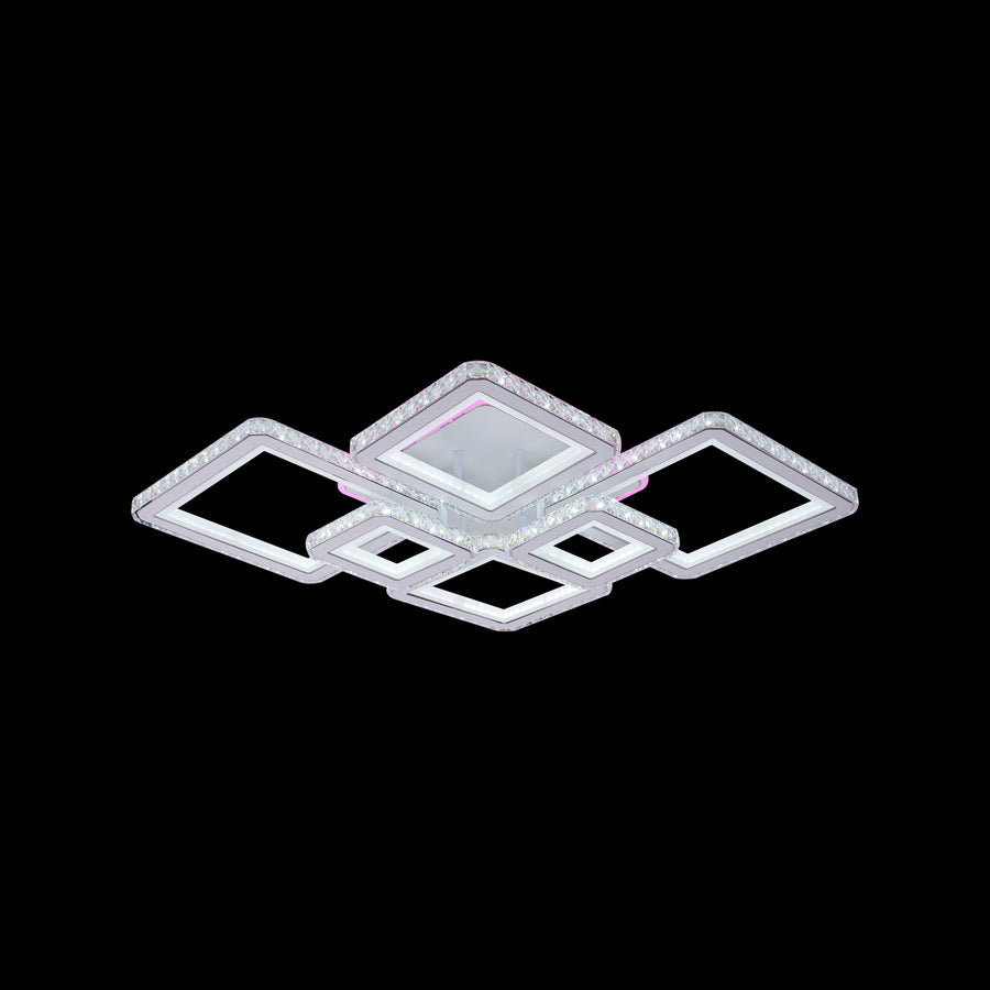 Lustra LED cu telecomanda si cristal QUADRIS RGB 175W, 6 Patrate, Lumina Rece/Calda/Neutra, Dimabila, Alb