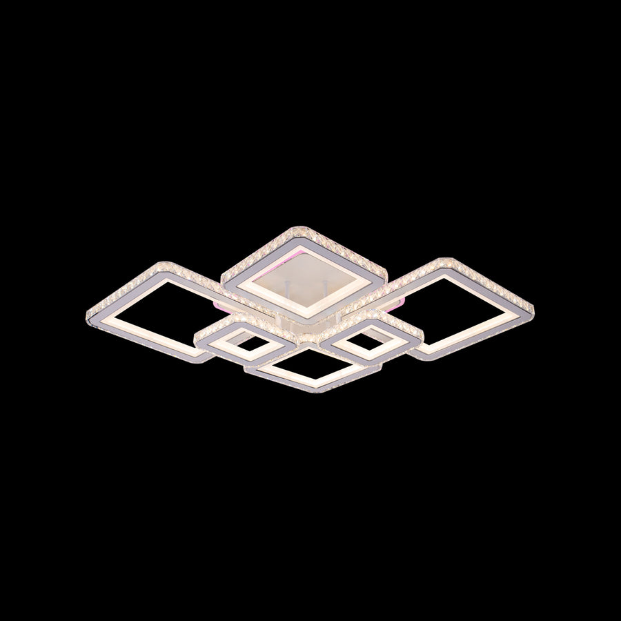 Lustra LED cu telecomanda si cristal QUADRIS RGB 175W, 6 Patrate, Lumina Rece/Calda/Neutra, Dimabila, Alb