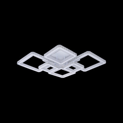 Lustra LED cu telecomanda si cristal QUADRIS RGB 175W, 6 Patrate, Lumina Rece/Calda/Neutra, Dimabila, Alb