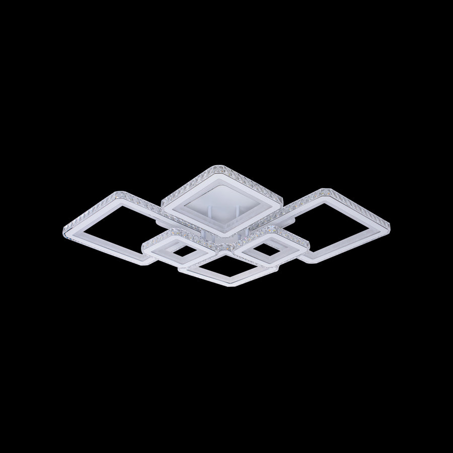 Lustra LED cu telecomanda si cristal QUADRIS RGB 175W, 6 Patrate, Lumina Rece/Calda/Neutra, Dimabila, Alb