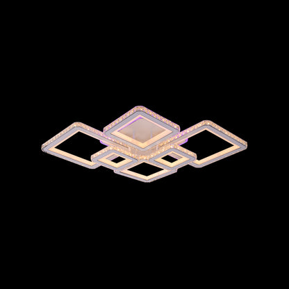 Lustra LED cu telecomanda si cristal QUADRIS RGB 175W, 6 Patrate, Lumina Rece/Calda/Neutra, Dimabila, Alb