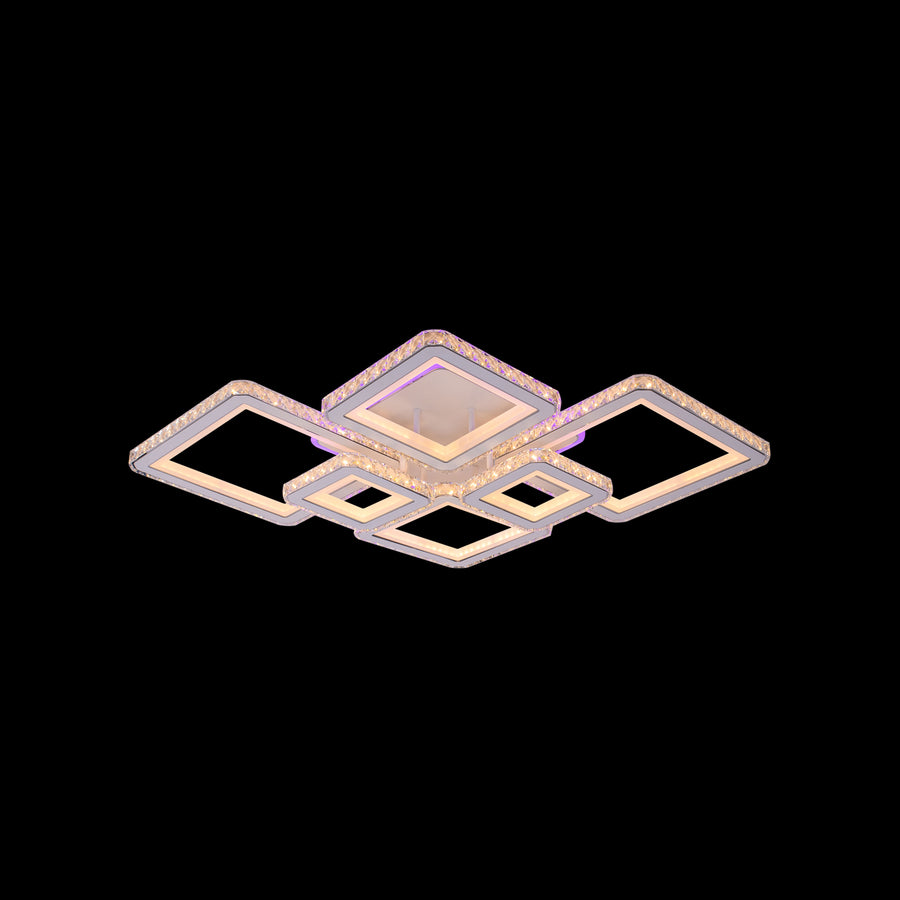 Lustra LED cu telecomanda si cristal QUADRIS RGB 175W, 6 Patrate, Lumina Rece/Calda/Neutra, Dimabila, Alb