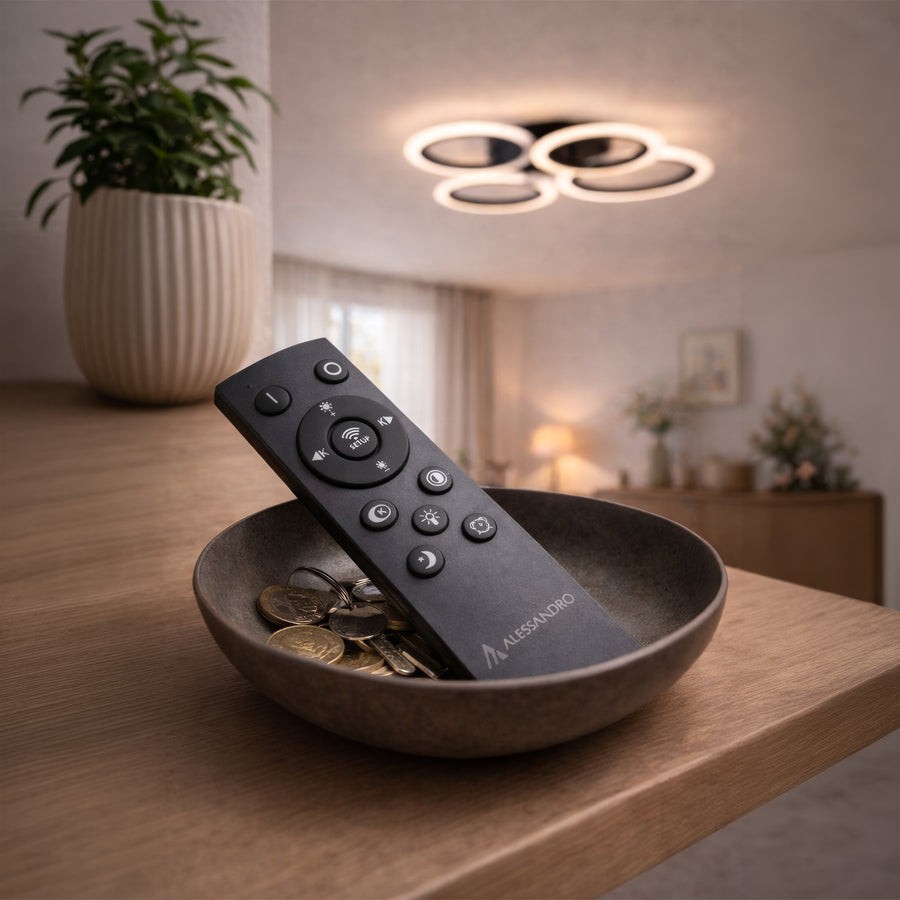 Lustra LED cu telecomanda BETTY 43W, 4 Cercuri, lumina Rece/Calda/Neutra, Dimabila, Negru