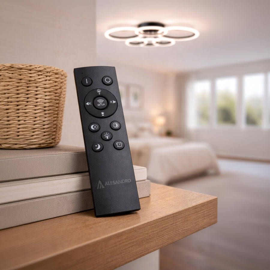 Lustra LED cu telecomanda BETTY 82W, 6 Cercuri, lumina Rece/Calda/Neutra, Dimabila, Negru