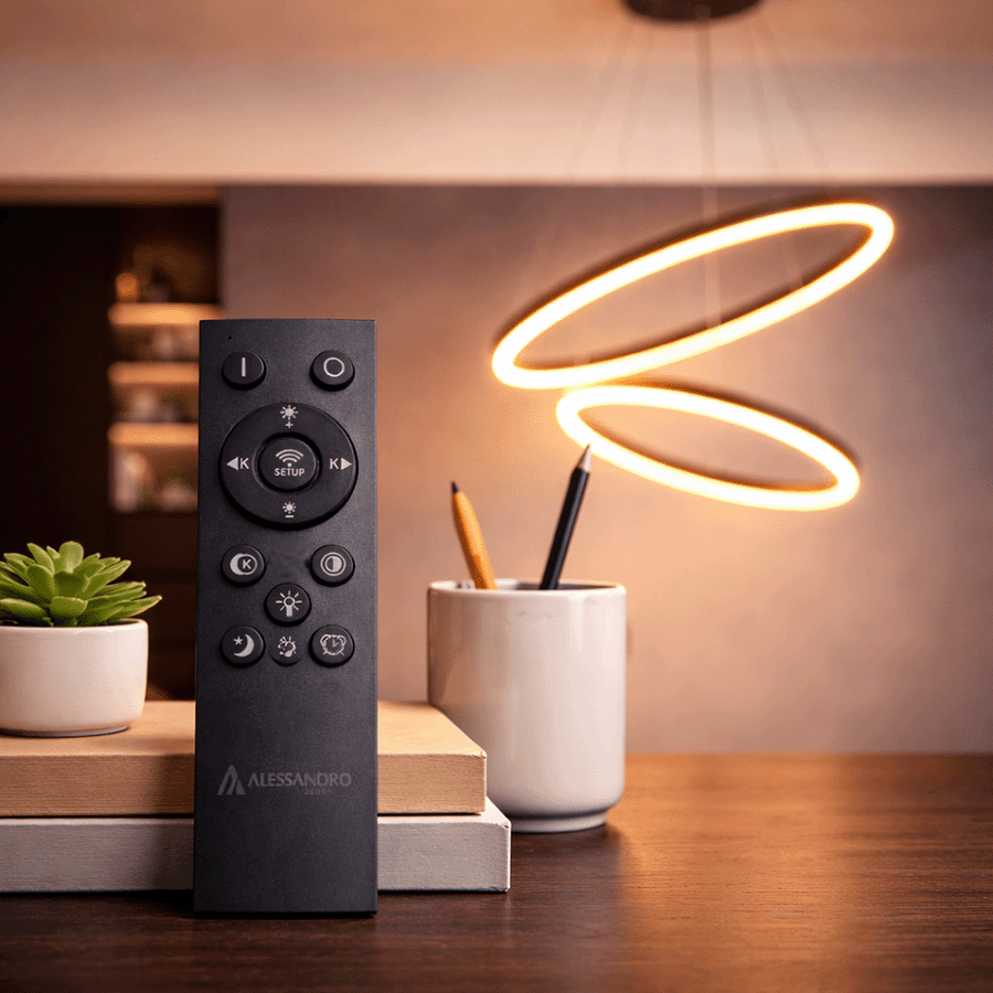 Lustra LED suspendata cu Telecomanda CASIANA 40W, 2 Cercuri, Lumina Rece/Calda/Neutra 3000K/4000K/6000K, Dimabila, Negru, Inaltime Reglabila, Metal si Acril