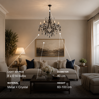 Candelabru Cristal BARO Regalis, Φ80cm, 8xE14, Inaltime Reglabila, Metal si Cristal, Negru