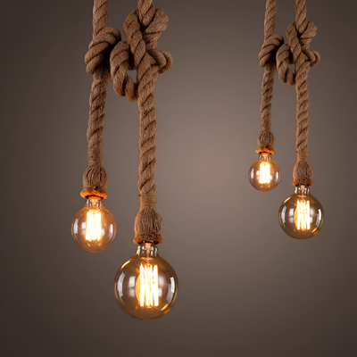 Lustra Vintage CORDA, 2xE27, Rustic, Sfoara si Metal, 2x100cm, Suport Negru