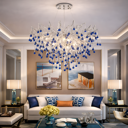 Candelabru Cristal CC335/600CH, 7x G9, Crom si Cristale Albastre, 60cm, Inaltime Reglabila