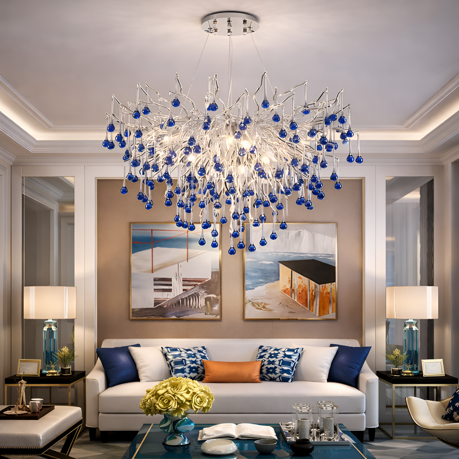 Candelabru Cristal CC335/600CH, 7x G9, Crom si Cristale Albastre, 60cm, Inaltime Reglabila