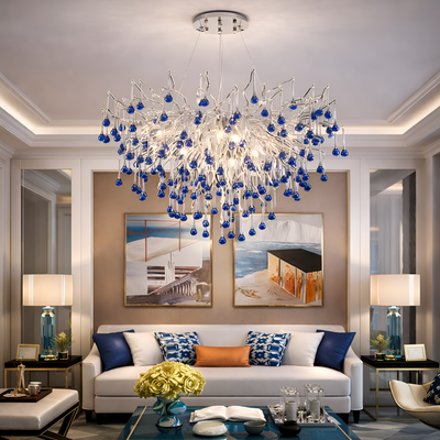 Candelabru Cristal CC335/600CH, 7x G9, Crom si Cristale Albastre, 60cm, Inaltime Reglabila