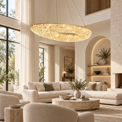 Candelabru Modern cu Cristal, Telecomanda, PRUGU, 65W, Lumina Calda/Neutra/Rece, Lungime 35 cm, Auriu, Inaltime reglabila