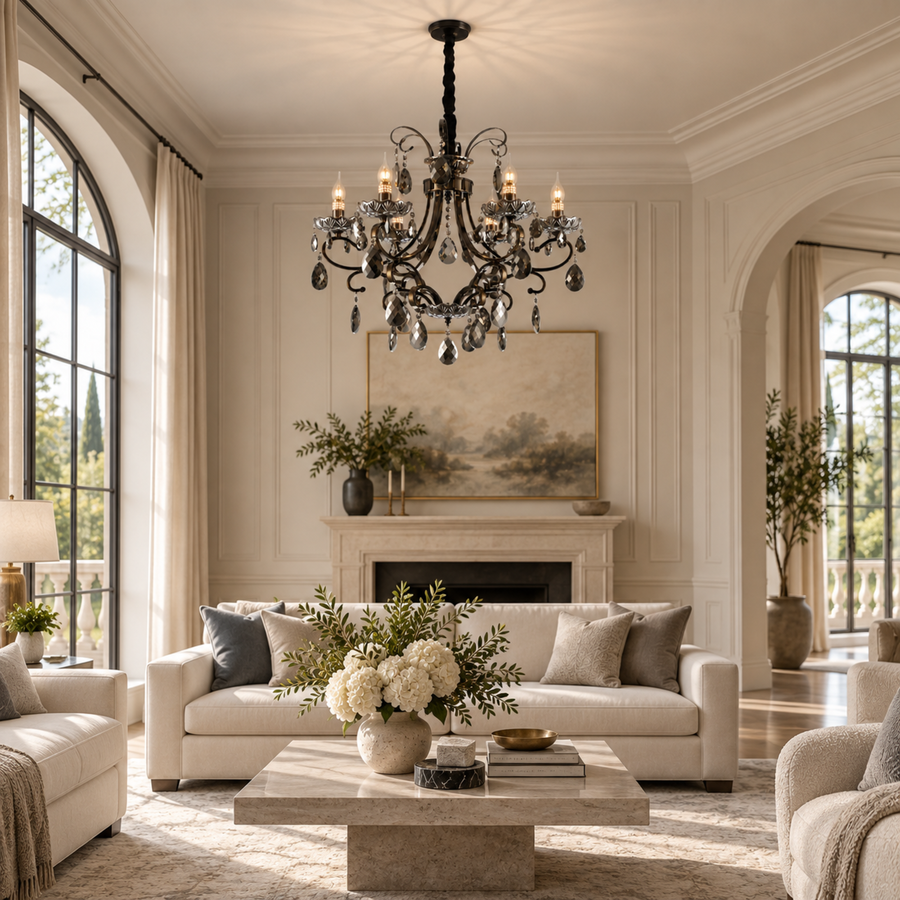 Candelabru Cristal BARO Regalis, Φ80cm, 8xE14, Inaltime Reglabila, Metal si Cristal, Negru