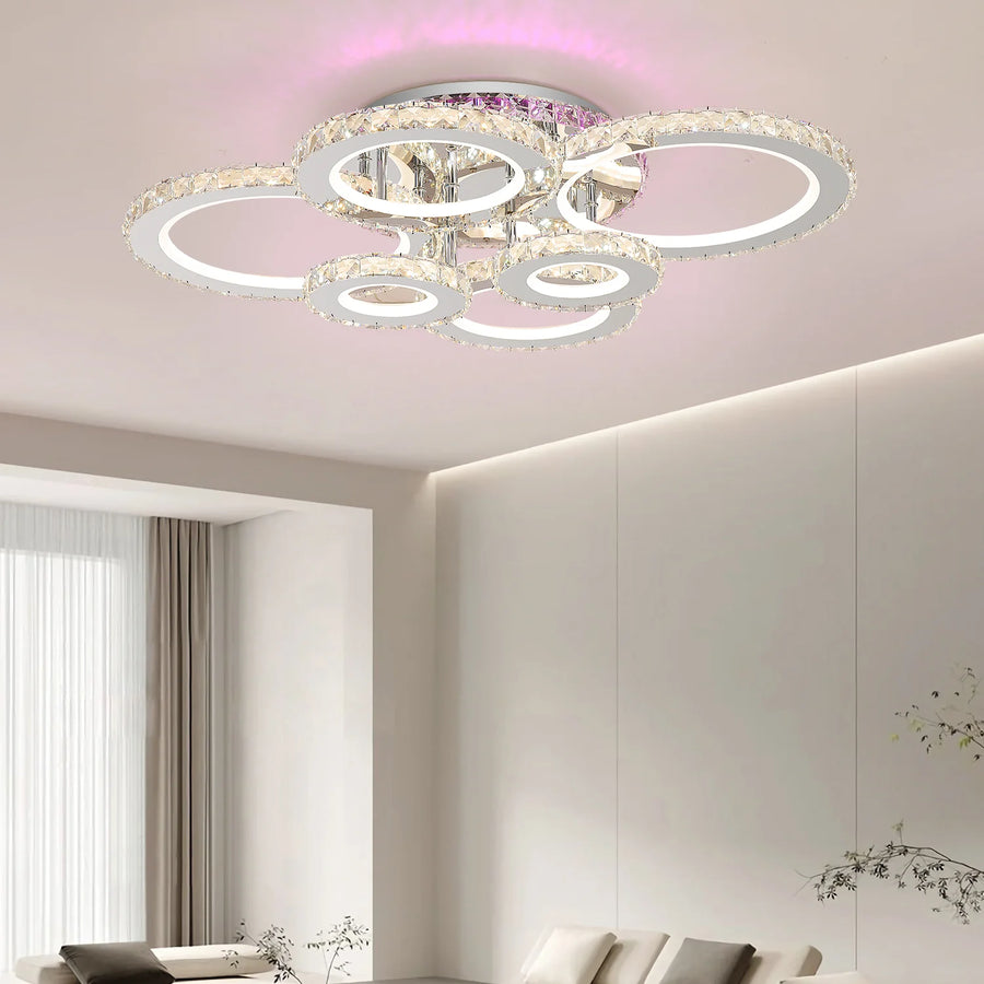 Lustra LED cu telecomanda si cristal NOVA ROTONDA RGB 152W, 6 Cercuri, lumina Rece/Calda/Neutra, Dimabila, Crom Lucios