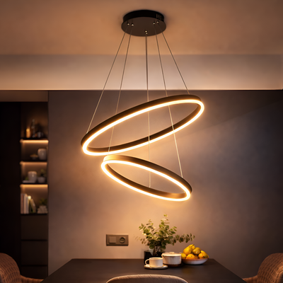 Lustra LED suspendata cu Telecomanda CASIANA 40W, 2 Cercuri, Lumina Rece/Calda/Neutra 3000K/4000K/6000K, Dimabila, Negru, Inaltime Reglabila, Metal si Acril