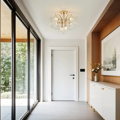 Candelabru Cristal Fiamma, 6x E14, Diametru 45cm, Auriu, Metal si Cristal