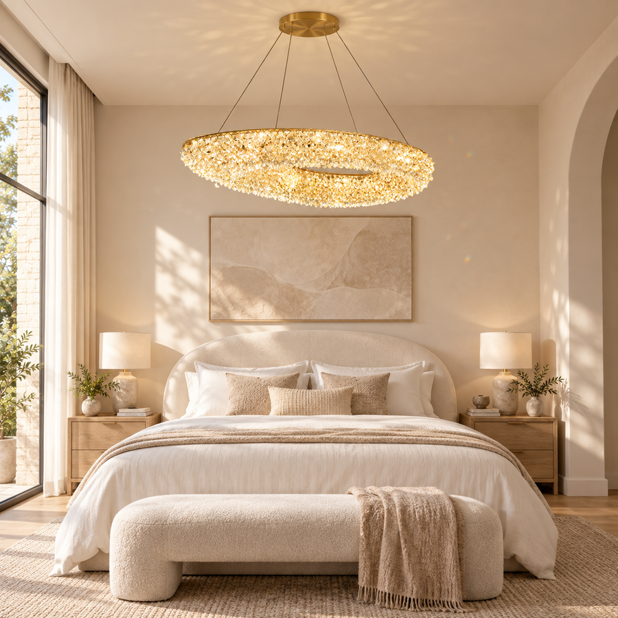 Candelabru Modern cu Cristal, Telecomanda, PRUGU, 65W, Lumina Calda/Neutra/Rece, Lungime 35 cm, Auriu, Inaltime reglabila