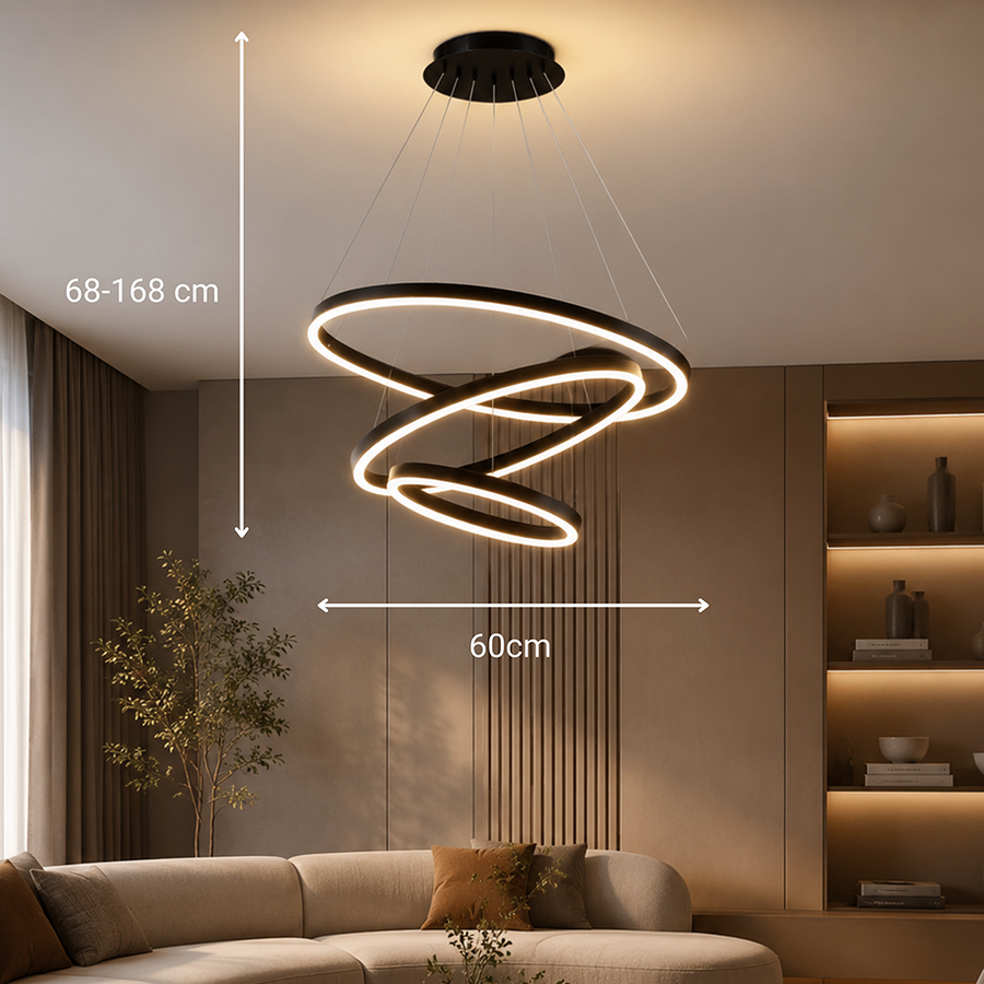 Lustra LED suspendata cu telecomanda CASIANA 85W, 3 Cercuri, lumina Rece/Calda/Neutra, Dimabila, Negru, Inaltime Reglabila
