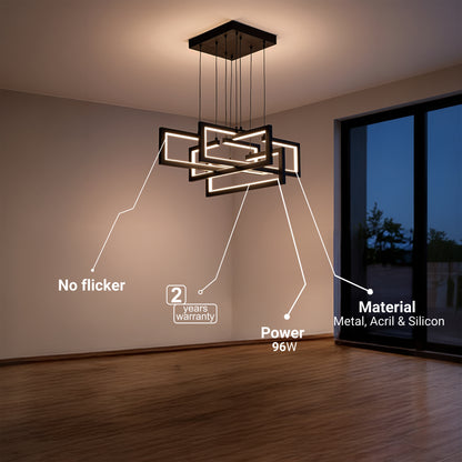 Lustra LED cu telecomanda ,Suspendata 96W, 4 Elemente, lumina Rece/Calda/Neutra, Dimabila, Inaltime Reglabila, Negru