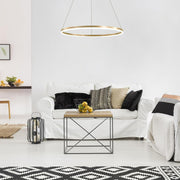 Lustra LED Suspendata, ANINA, 34W, 1 Cerc, Diametru 49cm, Lumina Rece/Calda/Neutra 3000K/4000K/6000K, Dimabila, Auriu Lucios Alb, Inaltime Reglabila, Metal si Acril