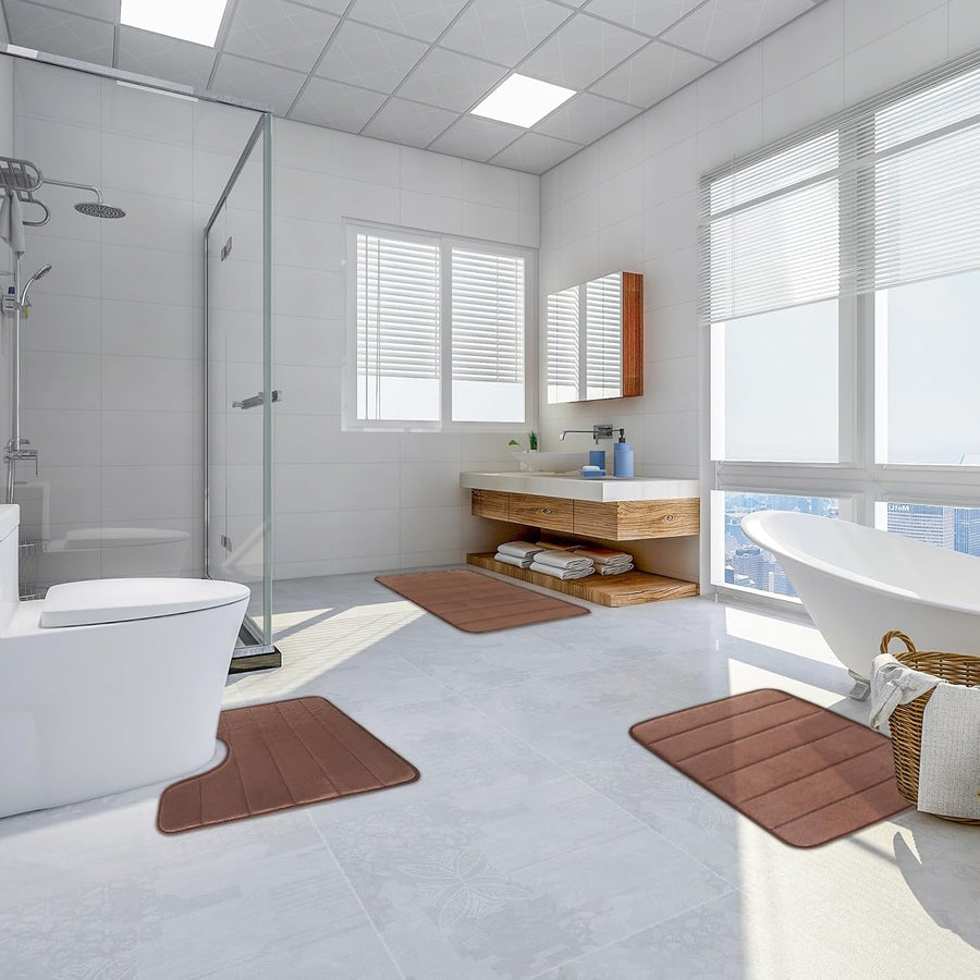 Covorase de Baie, 80x50 cm / 50x40 cm, Maro, Antiderapant, Absorbant, Set 2 bucati