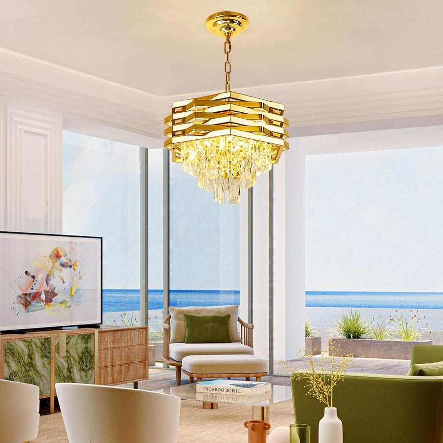 Candelabru Cristal HEXA Ø30cm 3xE14 Auriu Inaltime Reglabila