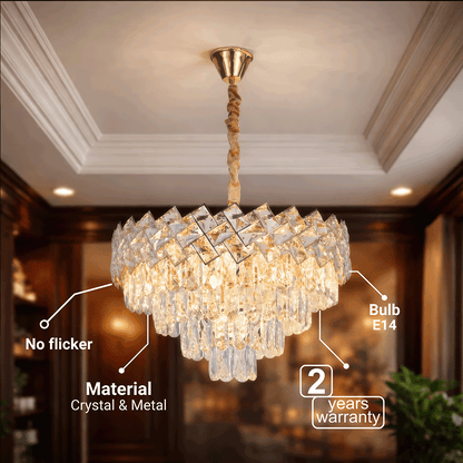 Candelabru Cristal WINDSOR Eleganza 8x E14, Diametru 39cm, Auriu Lucios, Inaltime Reglabila, Metal si Cristal