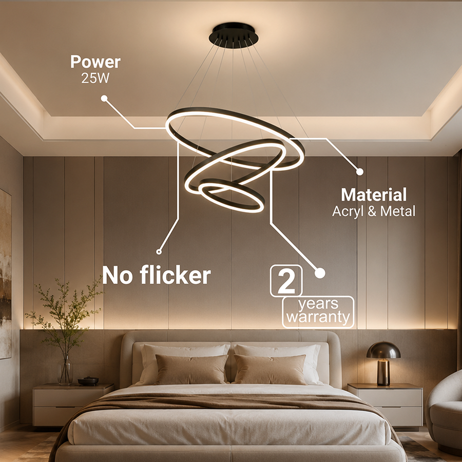Lustra LED suspendata cu telecomanda CASIANA 85W, 3 Cercuri, lumina Rece/Calda/Neutra, Dimabila, Negru, Inaltime Reglabila