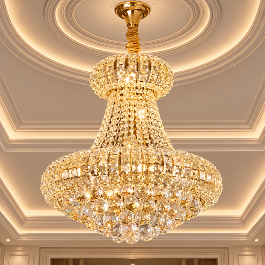 Candelabru Cristal CASTRUM Nobile 5xE14, D40 cm, Auriu, Inaltime Reglabila, Metal si Cristal