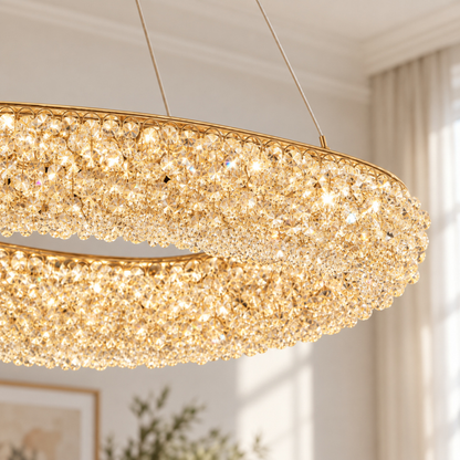 Candelabru Modern cu Cristal, Telecomanda, PRUGU, 65W, Lumina Calda/Neutra/Rece, Lungime 35 cm, Auriu, Inaltime reglabila