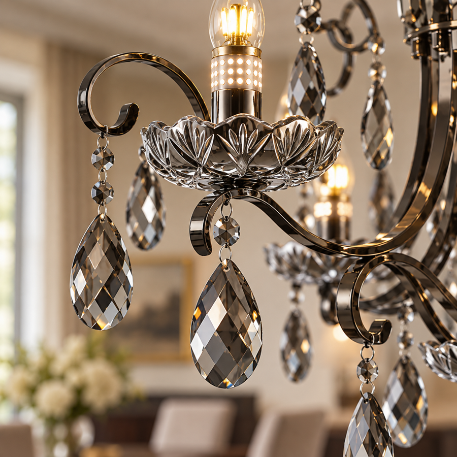 Candelabru Cristal BARO Regalis, Φ80cm, 8xE14, Inaltime Reglabila, Metal si Cristal, Negru