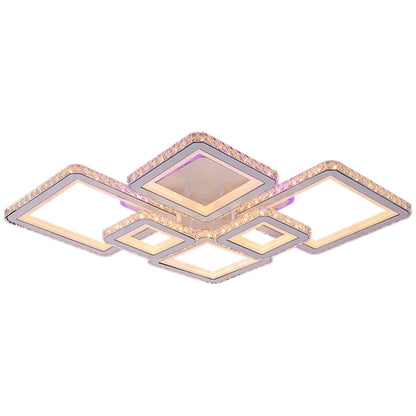 Lustra LED cu telecomanda si cristal QUADRIS RGB 175W, 6 Patrate, Lumina Rece/Calda/Neutra, Dimabila, Alb