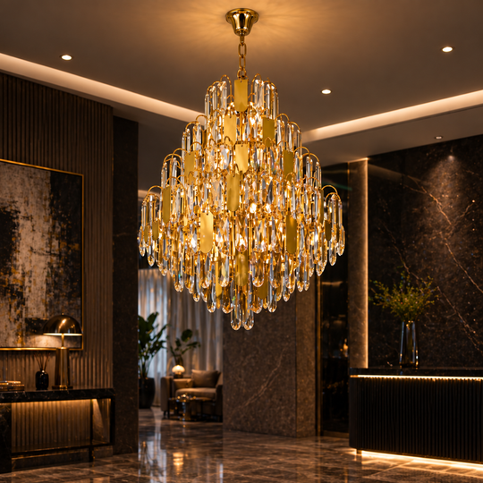 Candelabru Cristal TIER Nobile 8xE14, D40 cm, Auriu, Inaltime Reglabila, Metal si Cristal