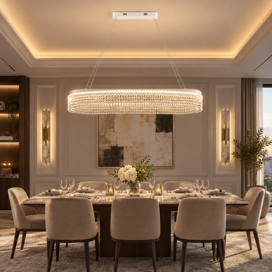 Candelabru Cristal VOLNA Supremo, 162W, 100x30cm, Lumina Calda/Neutra/Rece, Alb, Metal si Cristal