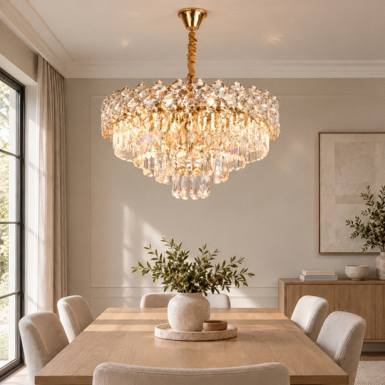 Candelabru Cristal WINDSOR Eleganza 8x E14, Diametru 39cm, Auriu Lucios, Inaltime Reglabila, Metal si Cristal