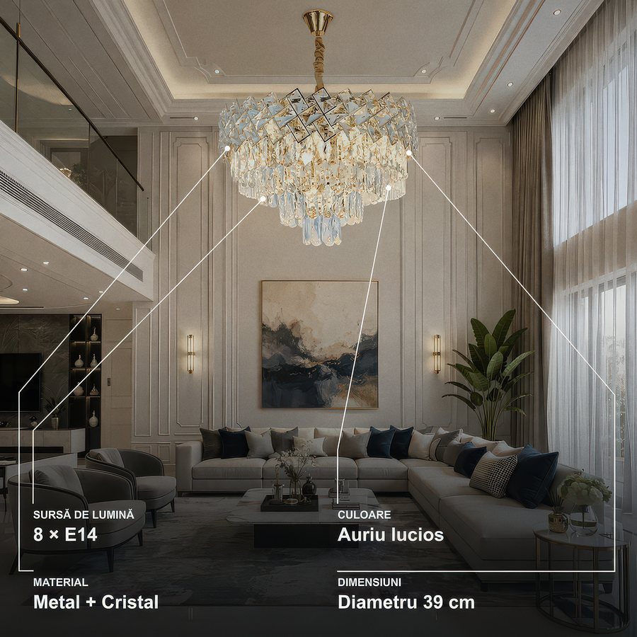 Candelabru Cristal WINDSOR Eleganza 8x E14, Diametru 39cm, Auriu Lucios, Inaltime Reglabila, Metal si Cristal