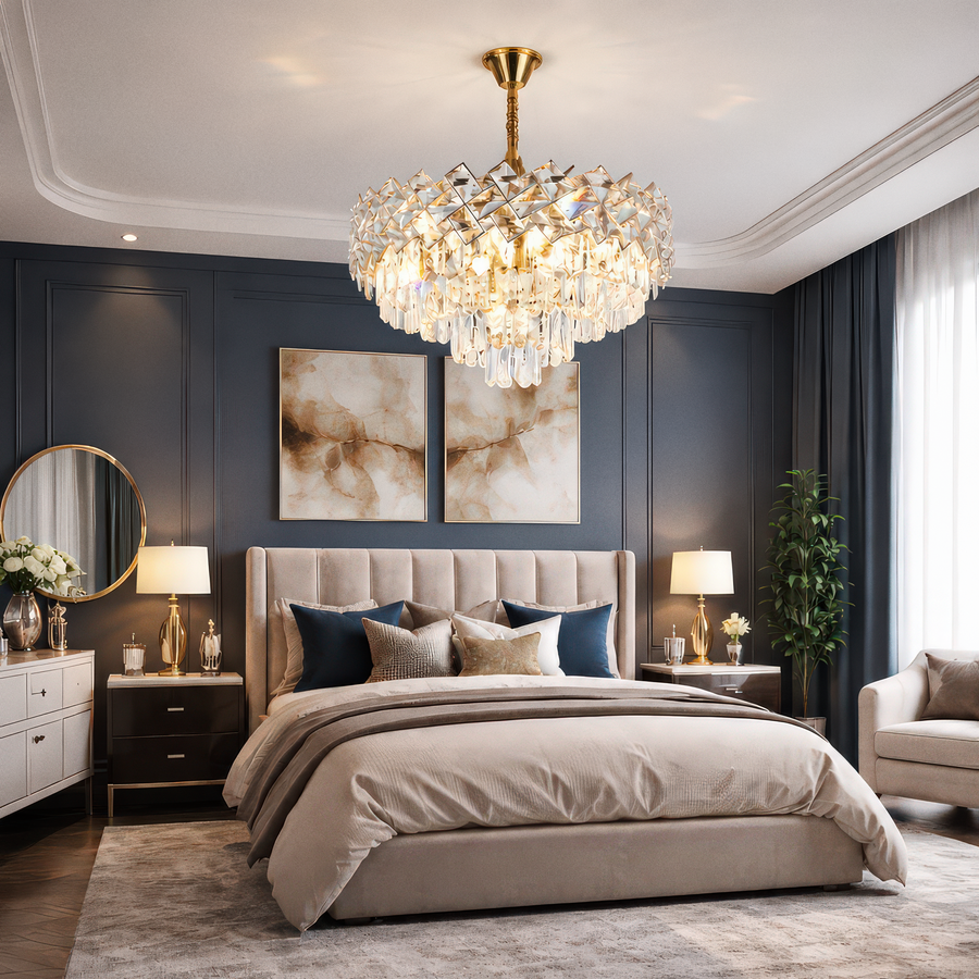 Candelabru Cristal WINDSOR Eleganza 8x E14, Diametru 39cm, Auriu Lucios, Inaltime Reglabila, Metal si Cristal
