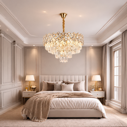 Candelabru Cristal WINDSOR Eleganza 8x E14, Diametru 39cm, Auriu Lucios, Inaltime Reglabila, Metal si Cristal