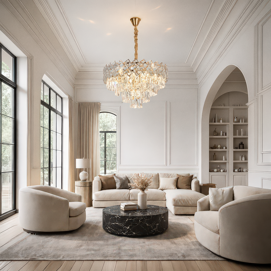 Candelabru Cristal WINDSOR Eleganza 8x E14, Diametru 39cm, Auriu Lucios, Inaltime Reglabila, Metal si Cristal