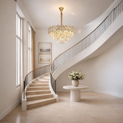 Candelabru Cristal WINDSOR Eleganza 8x E14, Diametru 39cm, Auriu Lucios, Inaltime Reglabila, Metal si Cristal
