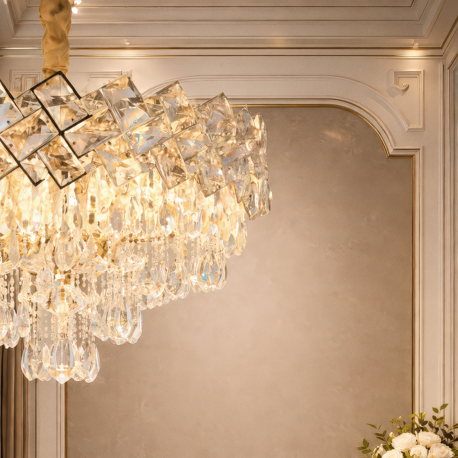 Candelabru Cristal WINDSOR Eleganza 8x E14, Diametru 39cm, Auriu Lucios, Inaltime Reglabila, Metal si Cristal