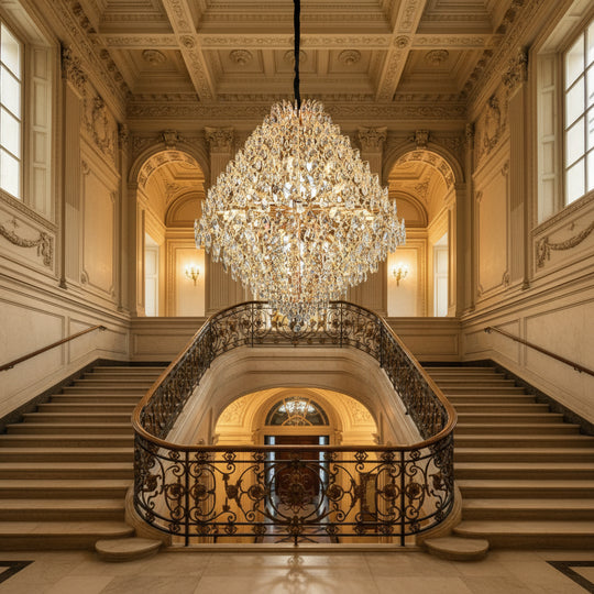 Candelabru Cristal KONIG Grande, 32xE14, D120 cm, Auriu, Inaltime Reglabila, Metal si Cristal