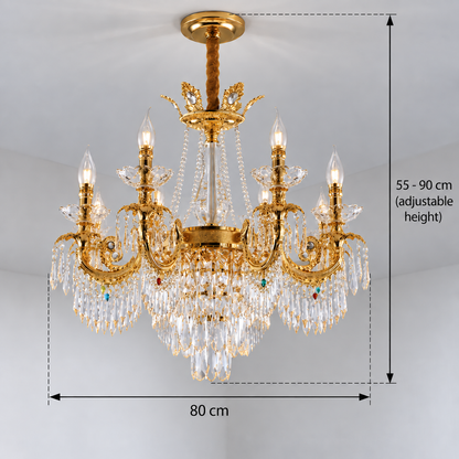 Candelabru Cristal 11xE14, D80cm, Auriu Lucios, Inaltime Reglabila, Metal si Cristal