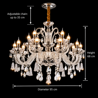 Candelabru Cristal 15xE14, D95cm, Argintiu, Inaltime Reglabila, Metal si Cristal