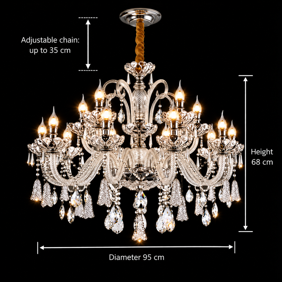 Candelabru Cristal 15xE14, D95cm, Argintiu, Inaltime Reglabila, Metal si Cristal