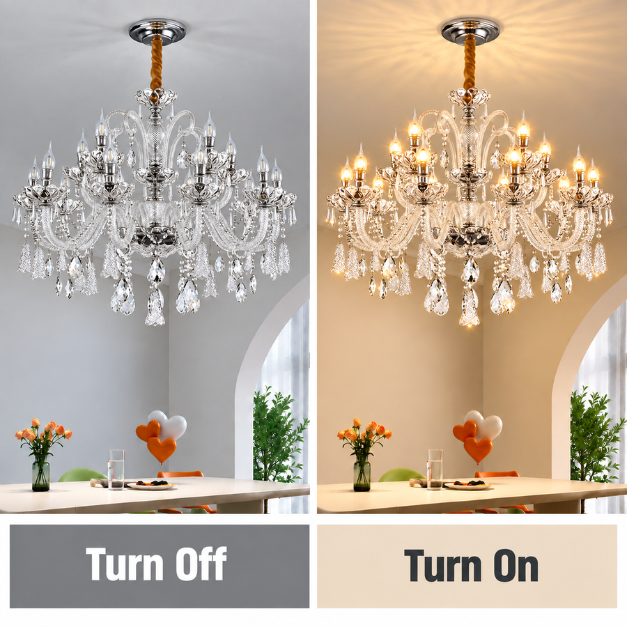 Candelabru Cristal 15xE14, D95cm, Argintiu, Inaltime Reglabila, Metal si Cristal