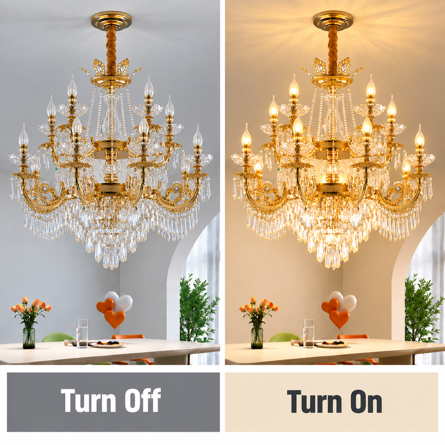 Candelabru Cristal 19xE14, D95cm, Auriu Lucios, Inaltime Reglabila, Metal si Cristal